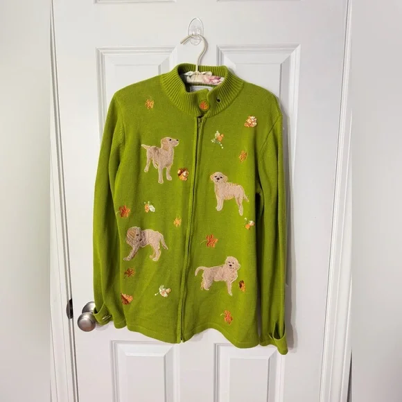 Storybook Knits Golden Retriever Dog Sweater Green Zip Cardigan Pupply Novelty M - Picture 2 of 14
